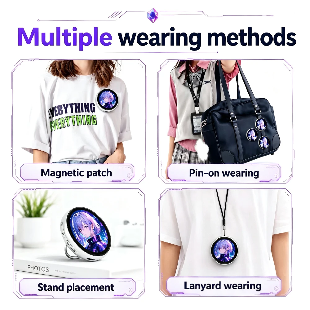 1PCS Digital Badge Pin with Touch Screen, Smart E Badge, Wearable GIF & Photo Display Custom Pins, Magnetic Ita Bag Accessories