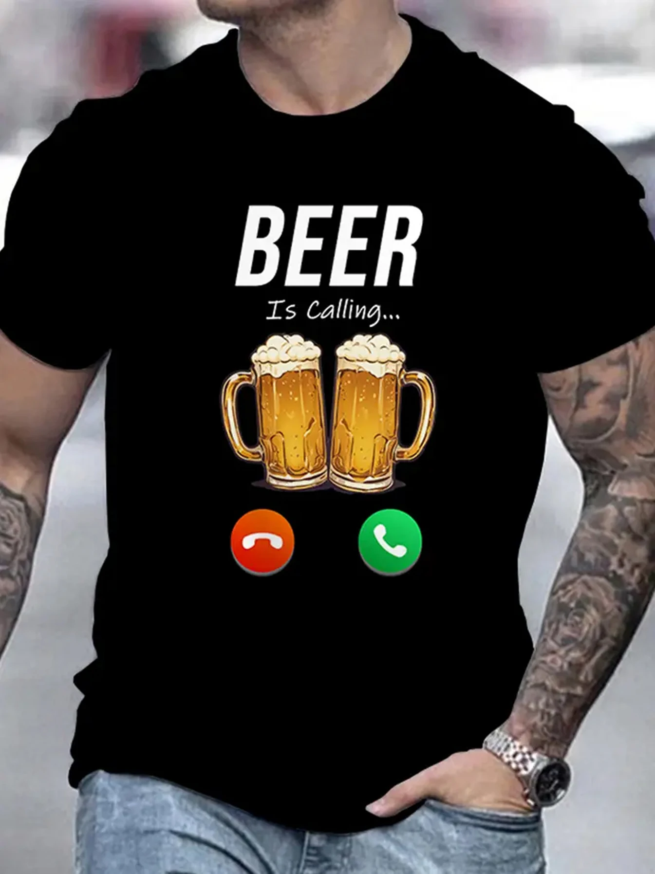 

Beer Is Calling Graphic Tee Funny Cotton Short Sleeve Casual T-Shirt For Men Summer Trip