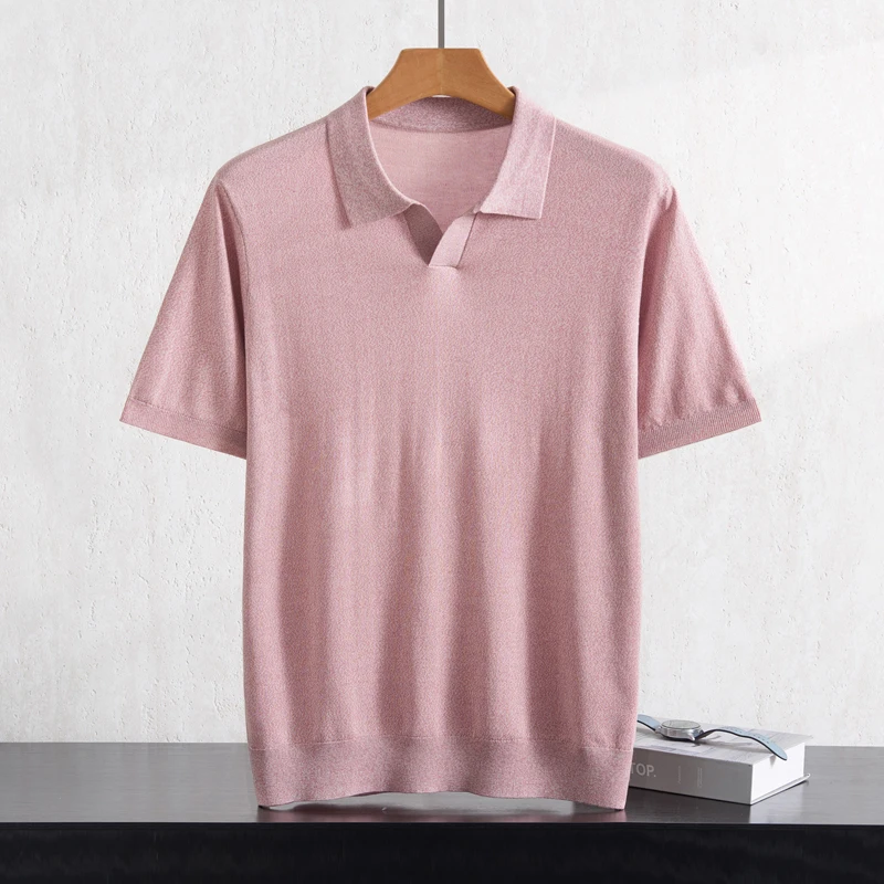 Men's Knit Business Polo T-Shirt Lyocell Breathable Elastic Slim Fit Solid Color Lapel Short Sleeve