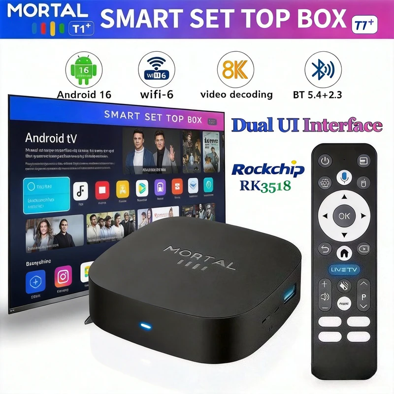 TV Box Inteligente 2026 T1+ Android 16, Rockchip RK3518, WIFI6, BT 5.4, Interfaz UI, Reproductor Multimedia 8K HD, Asistente de Voz, Set Top Box IPTV
