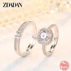 ZDADAN 925 Silver Zircon Couple Adjustable Rings For Women Men Wedding Jewelry