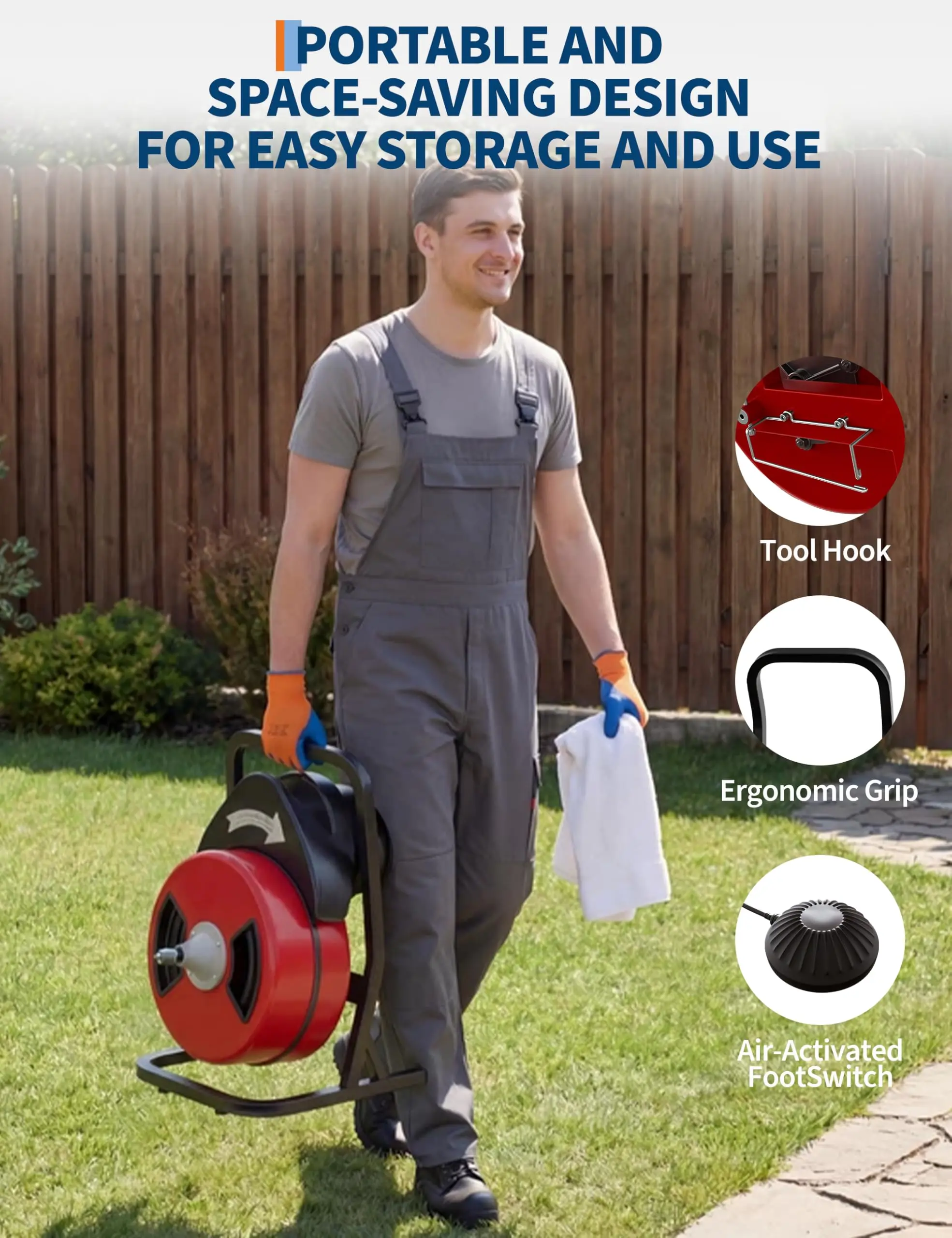 Heavy-Duty Drain Cleaning Machine, Professional Sewer Cleaner with Steel Cable, Interchangeable Cutters, Automatic Feed, Foot Switch and GFCI Protection for Toilets, Sinks and Floor Drains