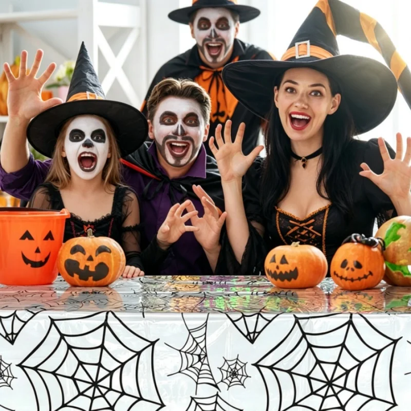 1pc Halloween Disposable Tablecloth Spider Web Print Waterproof Plastic Spooky Table Cover for Store Party Dinner Decorations