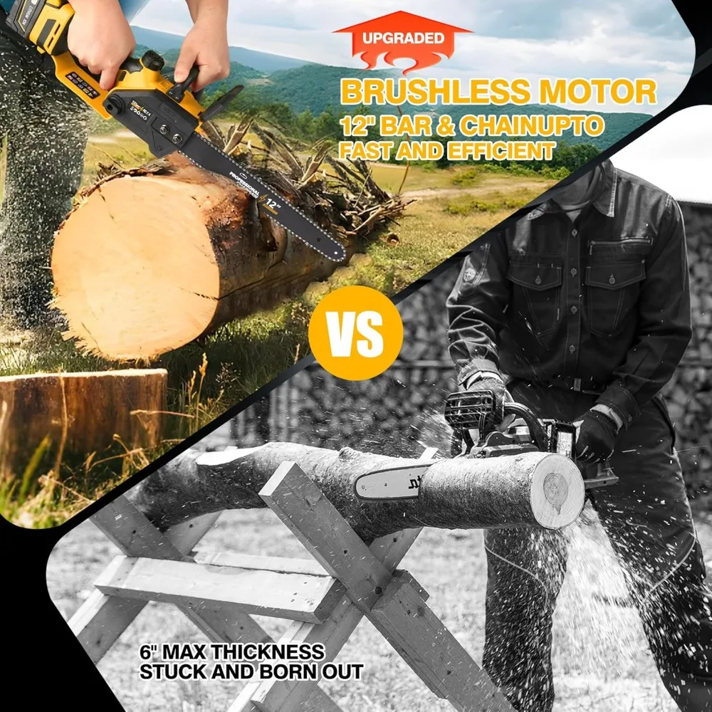 Motosserra elétrica sem escova sem fio de 12" com lubrificador automático e trava de segurança, leve para aparar árvores e corte de madeira