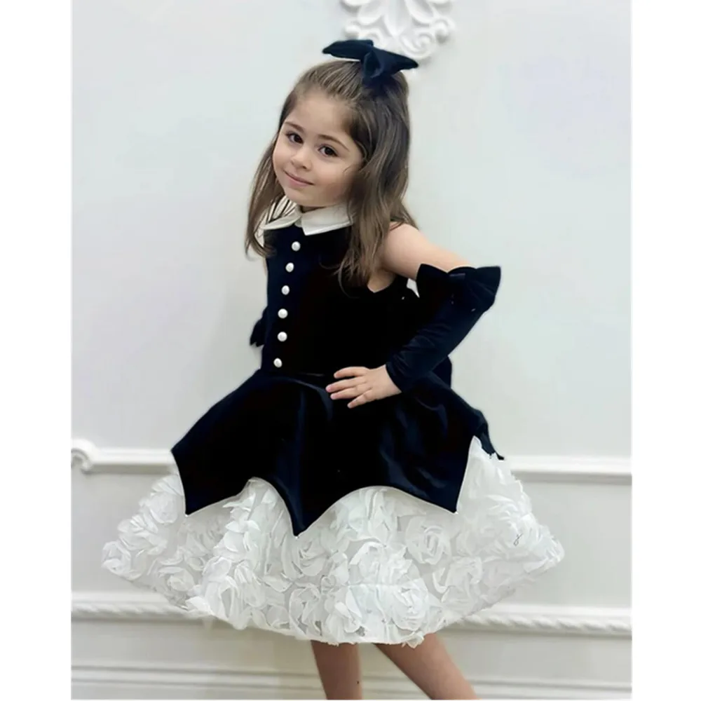 

Navy Blue Girl Flowers Dresses High Neck A Line Baby Birthday Party Dress 3D Flowers Botton Flower Dress Customized