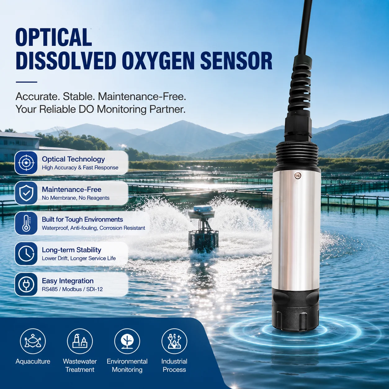 Optical Fluorescence Stainless Steel IoT Dissolved Oxygen Sensor DO Probe RS485 Water Quality Monitor For Aquaculture Wastewater