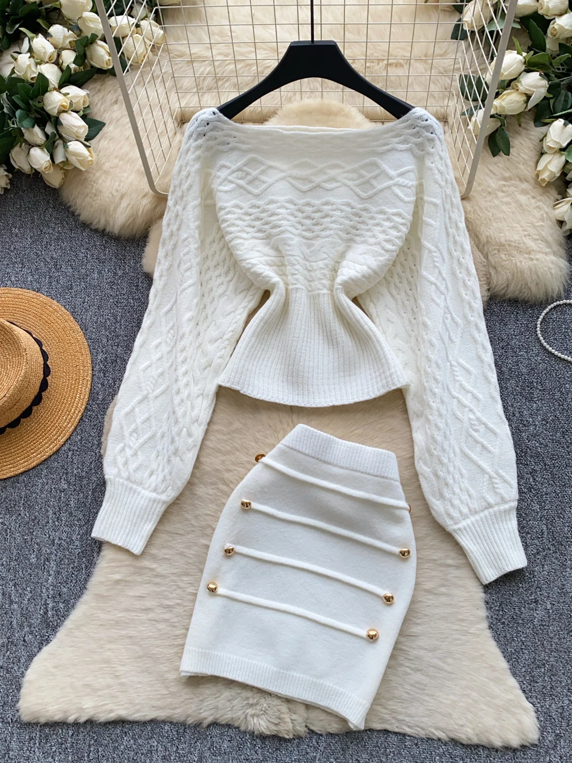 Elegant Knitted Two-Piece Set for Women Commute Style Slim Fit One-Shoulder Top High Waist Skirt Autumn Fashion Sensation