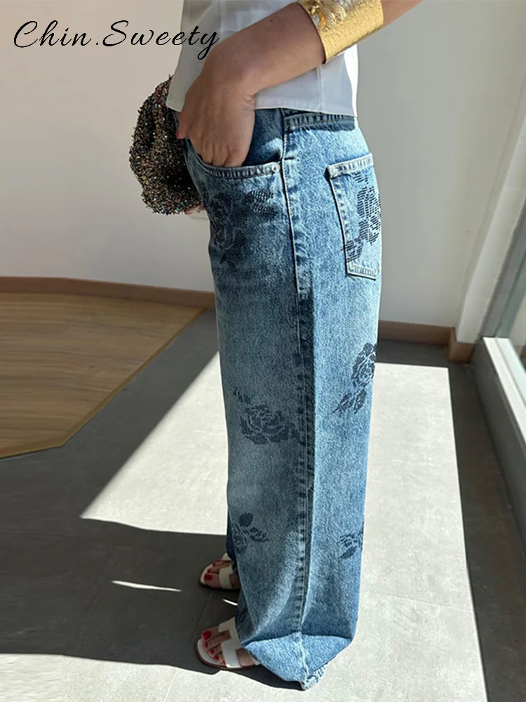 Mode Strass Gedrukt Denim Broek Vrouwen Solid Hoge Taille Rechte Wijde Pijpen Jeans 2025, Lente Zomer Dame Streetwears Nieuw