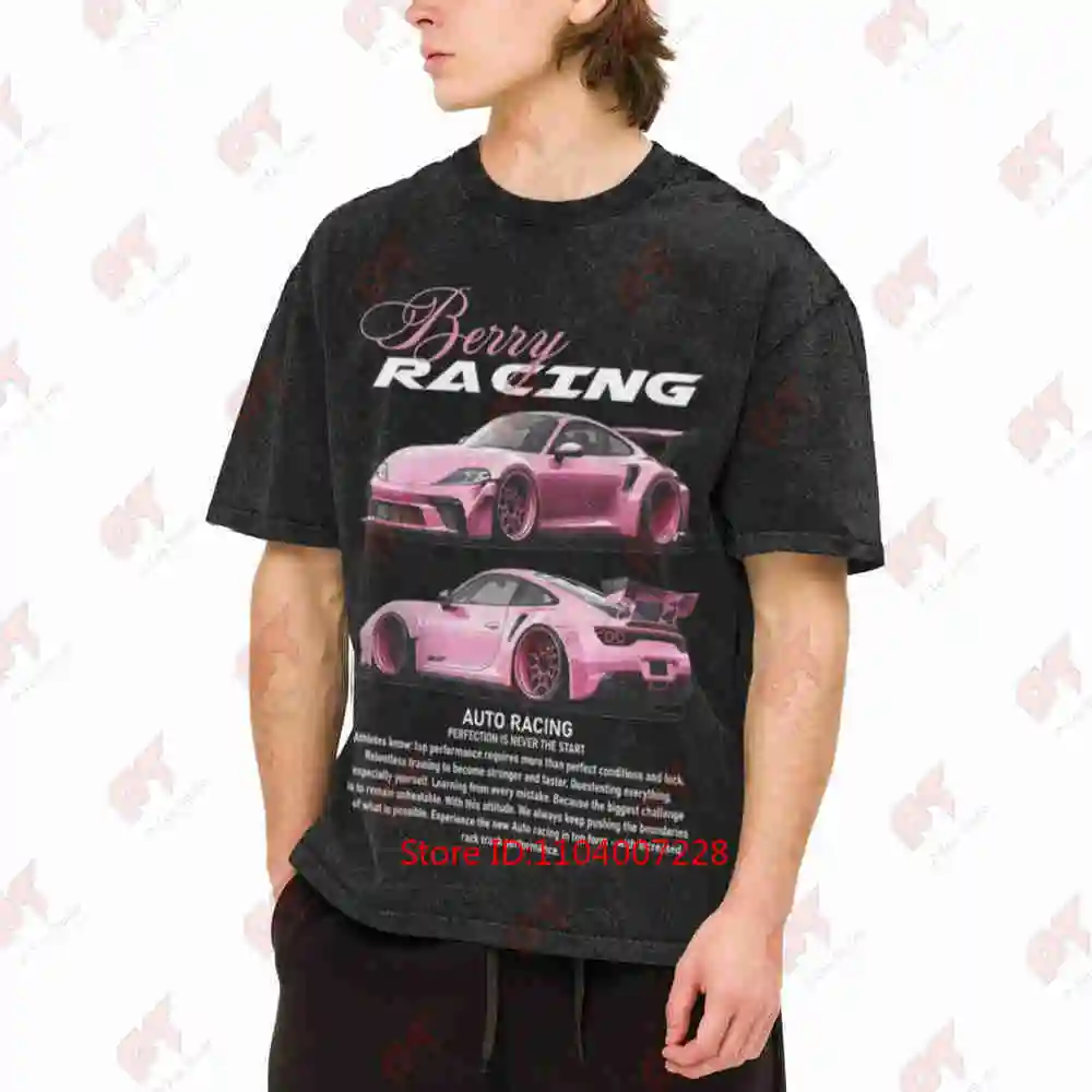 Stretchy Racing Car Berry Print Vintage Washed Tee Pure Cotton T-Shirt