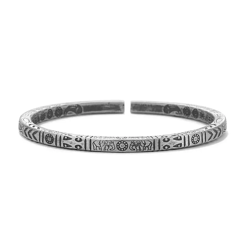 Auspicious Totem Ethnic Style Bracelet S999 Full Silver Retro Solid Couple Open Simple Handmade Silver Bracelet Gift