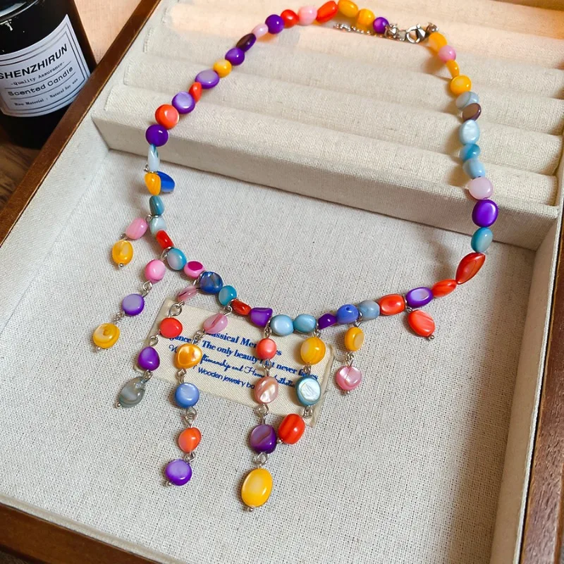 

Rainbow Round Oval Round Shell Beads Multi Tassel Beaded Necklace for Women Mujer Silver Plated Chain Chokers