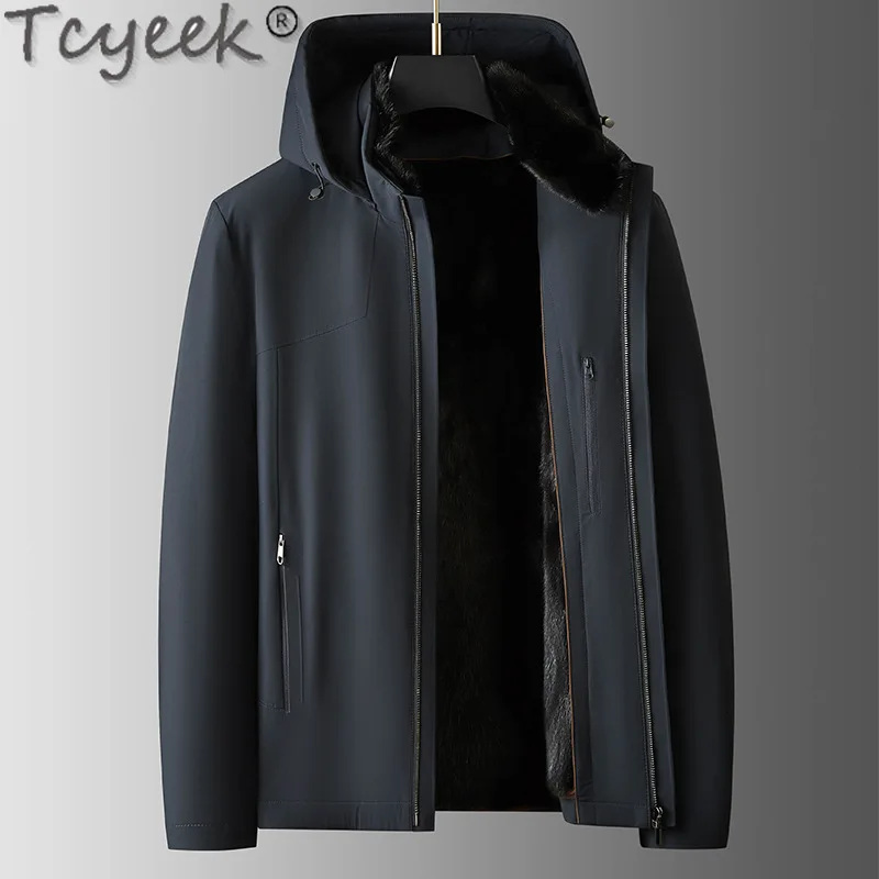 Tcyeek Real Mink Fur Coat Men Mid-long Winter Clothes Business Casual Men's Parka Warm Real Fur Coats Hooded 2025 Куртка Мужская