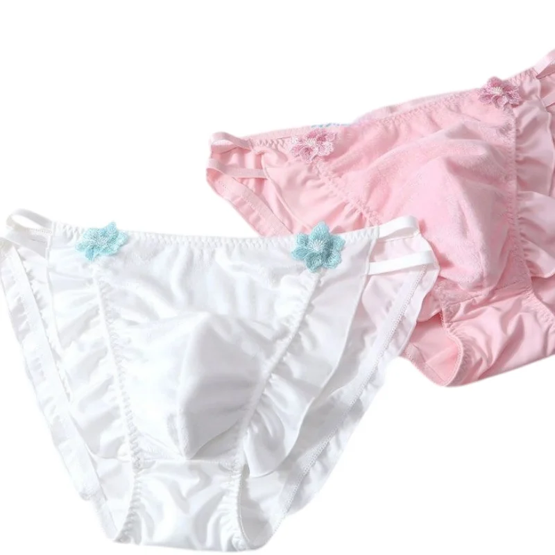 Sexy Man's Pink Flower Embroid Underwear Briefs Cross-dressing Low Waist Panties Bar Club Underpants FKK Party BF Gift Costumes