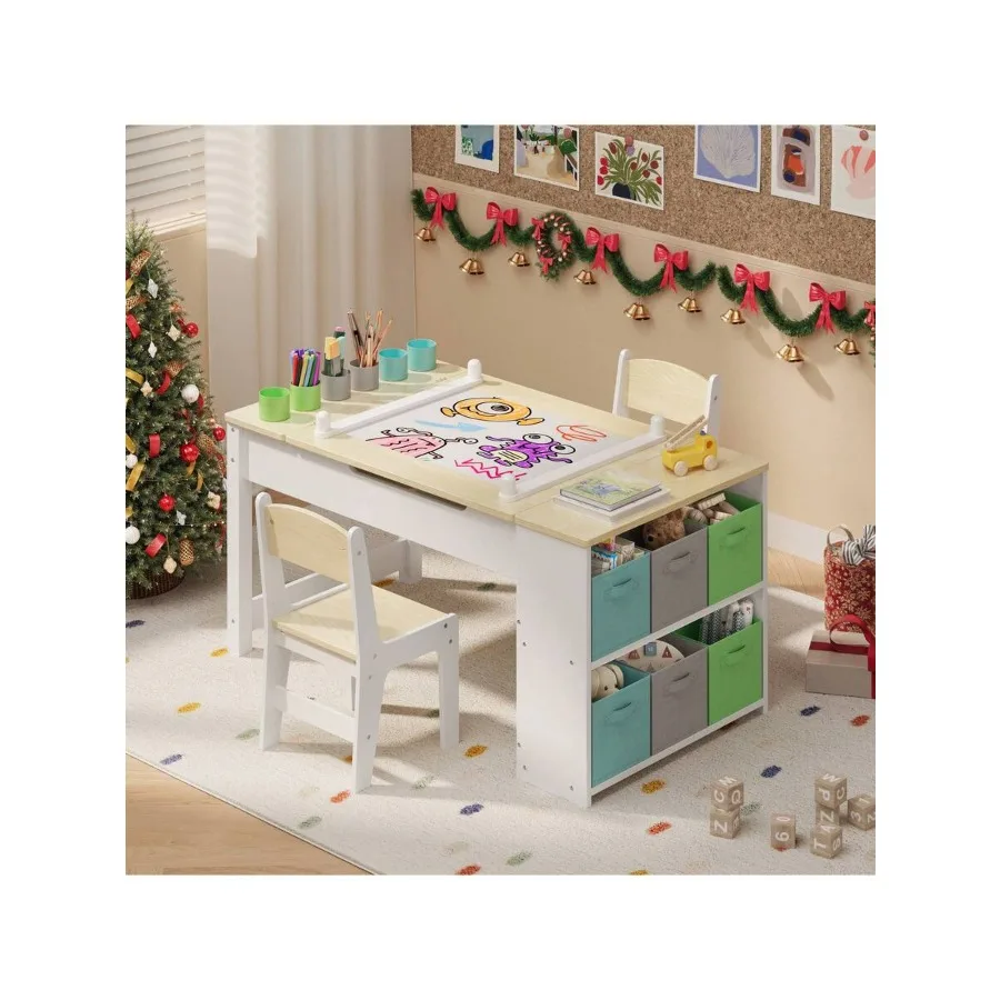 

4-In-1 Table And Chair Set With Removable Tabletop Storage And Paper Roll Toddler Table With Storage Bins For Drawing Reading E