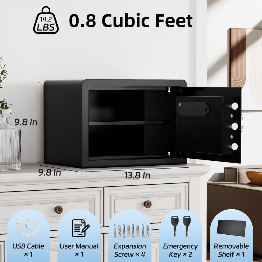 Cofre biométrico, cofre com impressão digital de 0,8 cuft com bolsa à prova de fogo, pequena caja Fuerte com teclado digital, 9,813,89,8 polegadas Exteri