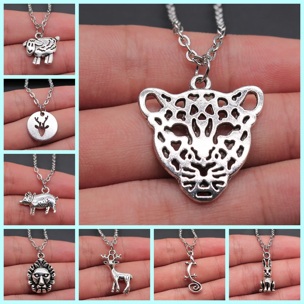Animal Pendant Necklace Fashion Antique Silver Color Simple Zinc Alloy Rabbit Sheep Snake Deer Pig Lion Necklaces - view 5