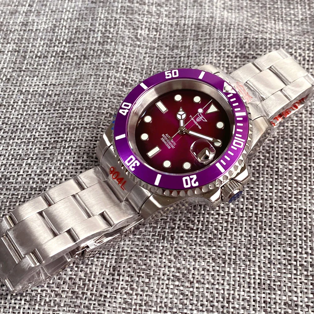 Tandorio SUB 40mm Luxury Top Purple dial 200M Waterproof Diving Men Watch Selfwing NH35 316L Steel Diver Wristwatch Jewelry