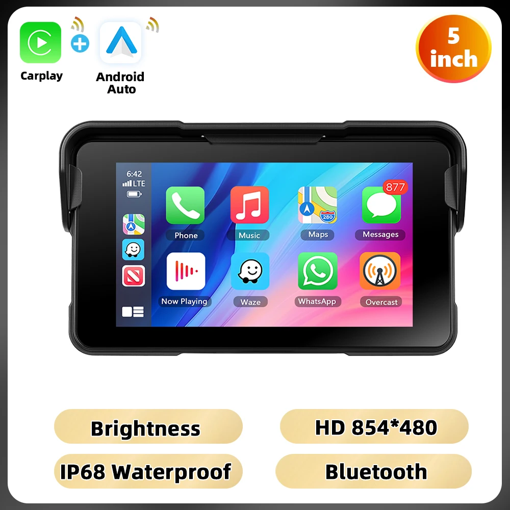 Podofo 5 ''HD Smart Screen-speler Carplay Android Auto Bandenspanningscontrole IP68 Waterdichte BT draagbare motorfietsmonitor