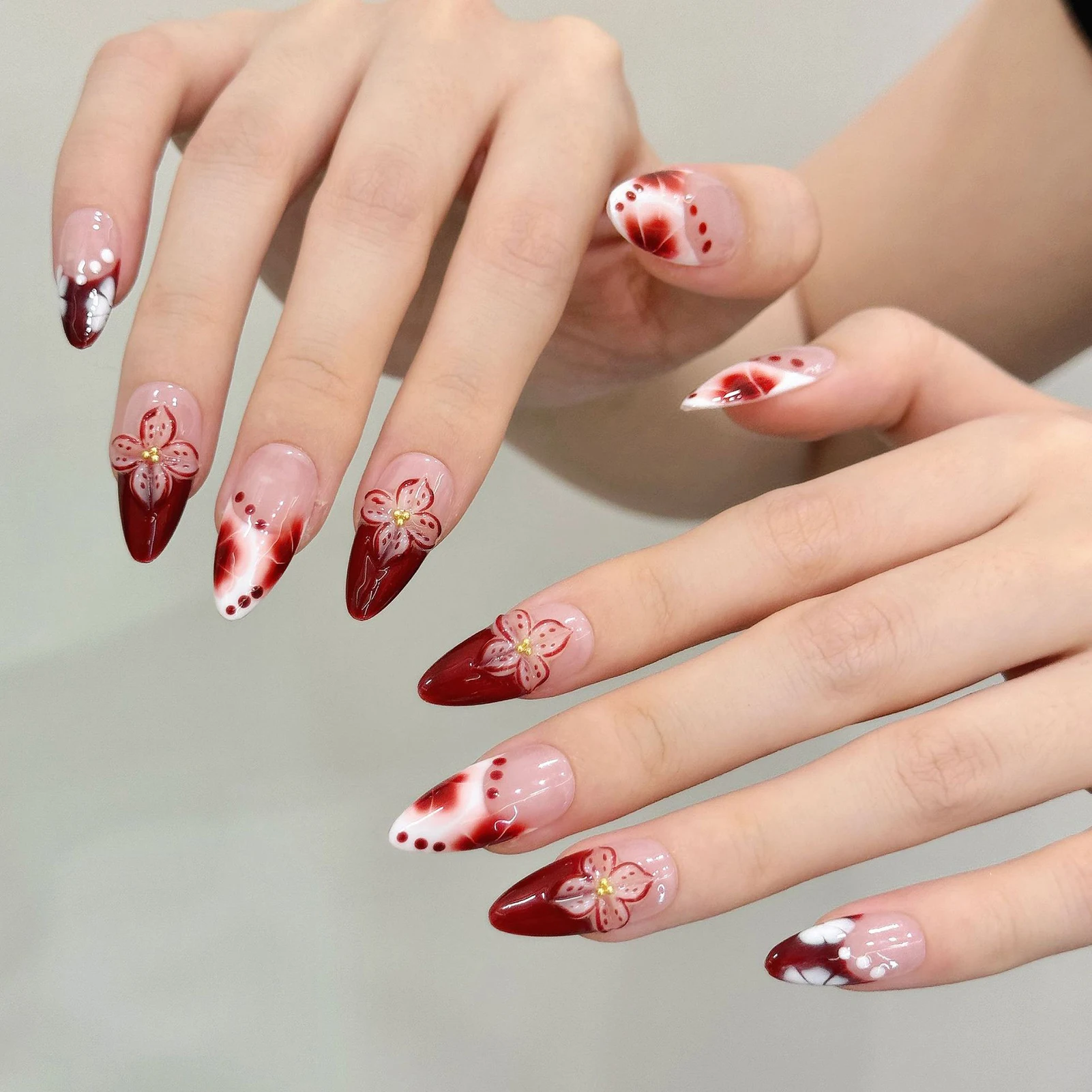 

10 шт. винно-красный французский стиль пресс на ногтях размазывание ручная роспись 3D резьба по цветку накладные ногти глянцевый миндаль накладные ногти ручной работы