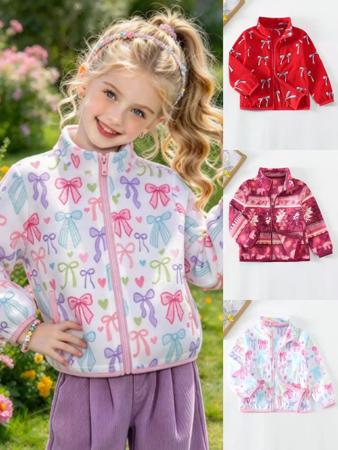 Spring and Autumn style girls' fleece jacket, stand up collar zipper style, fashionable and versatile, multiple prints, suitable