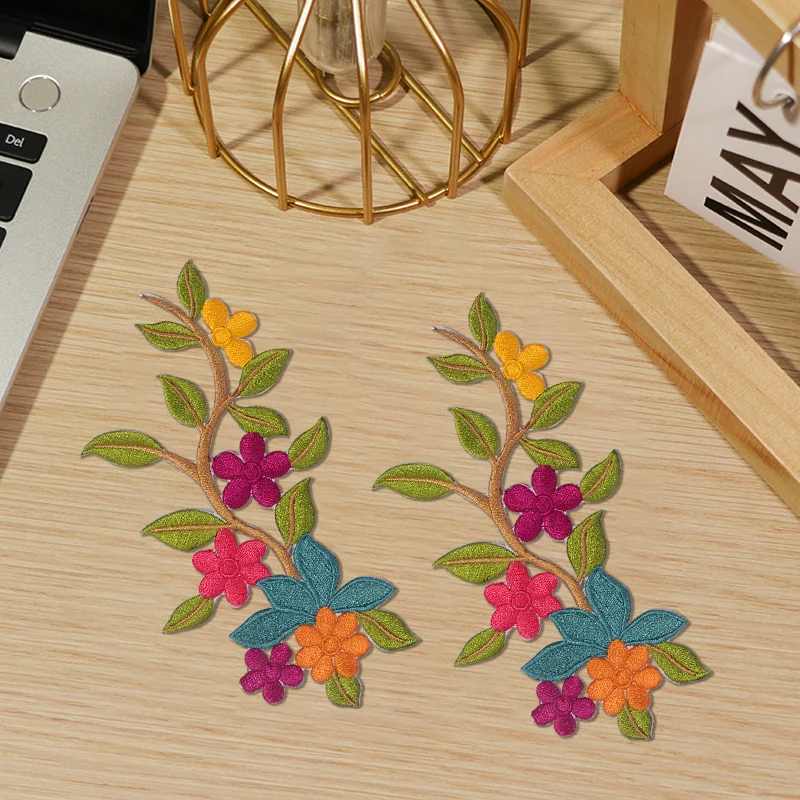 2 Parches termoadhesivos bordados florales de lujo 3D exclusivos "Multicolor Teal", colores satinado oscuro y metálico, insignias de apliques termoadhesivas para decoración DIY de mujer, sombreros, abrigos, vestidos, mochilas, decoración de bolsos