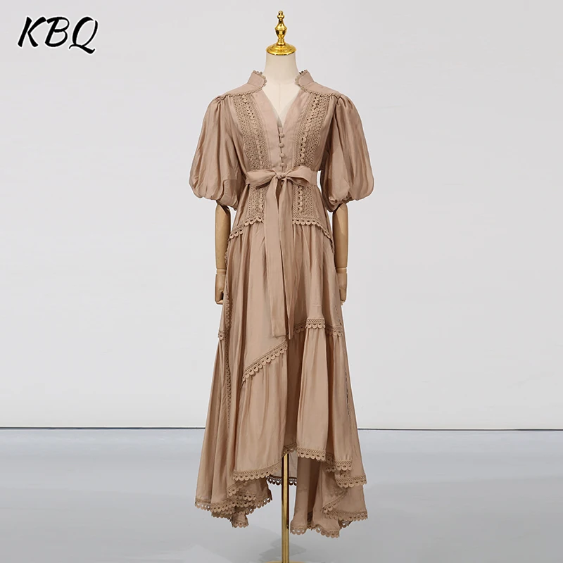 

KBQ Solid Hollow Out Tunic Dresses for Women Stand Collar Short Sleeve High Waist Temperament Spliced Lace Dress Female Fashion
