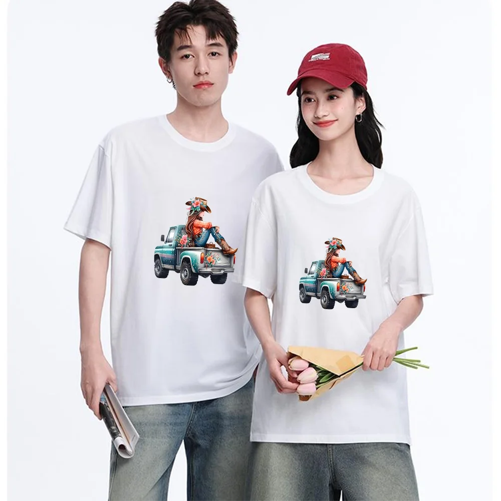 Cowgirl With Floral Cowboy Hat Sitting On Vintage Pickup Truck Printed T Shirt Breathable Fabric S-3XL Personalized Custom T Shi