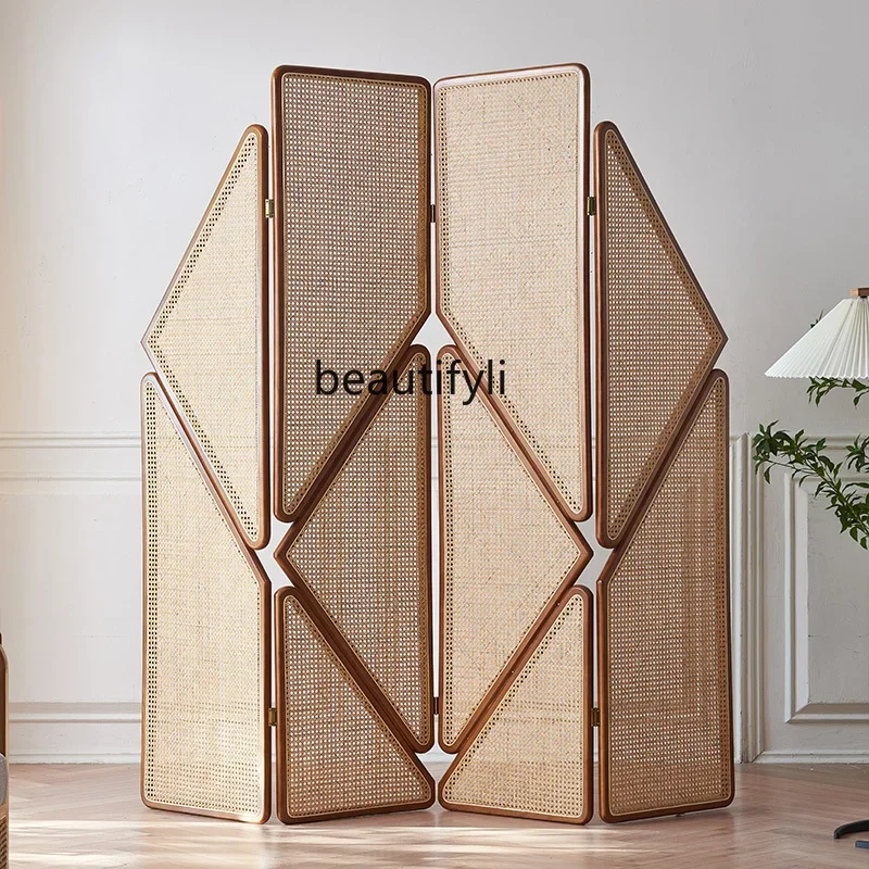 

Nordic solid wood screen partition wabi sandy wind rattan folding entrance mobile Japanese-style homestay inn tea room H