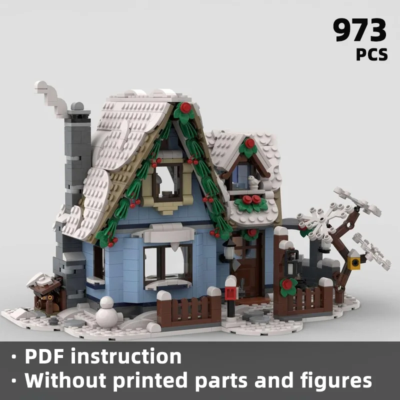 Create a romantic winter snow scene warm and cozy winter Christmas atmosphere house building blocks