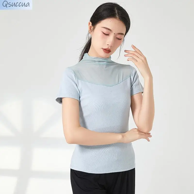 Short-Sleeved Professional Ballet Training Tops T-Shirts Dance Clothes Practice Self-Cultivation Adult Women\'s Mesh Turtleneck