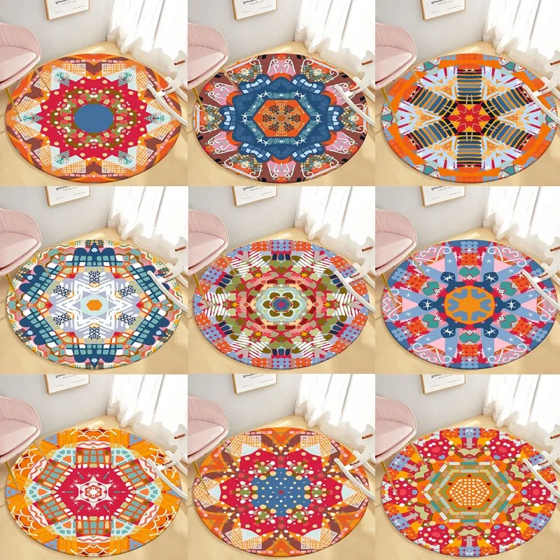 Non-slip Flannel Mat Floor Yoga Carpet Ethnic Style Round Carpet Living Room Decoration Home Baby Child Play Mat Tapete Redondo