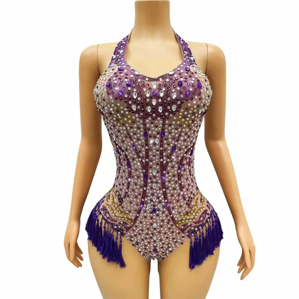 

Flashing Silver Purple Fringes Rhinestones Leotard Evening Birthday Celebrate Bodysuit Costume Sleeveless Photoshoot Outfit