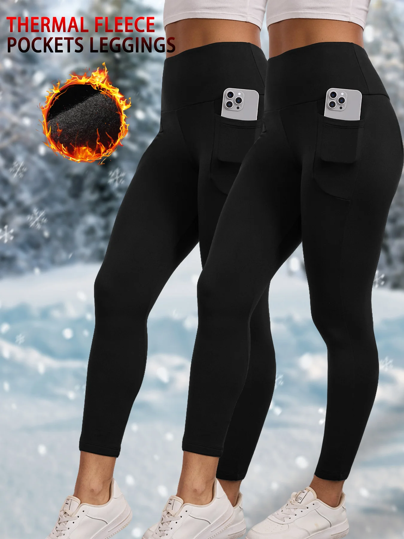 

2 Pack Women's Winter Thermal Leggings with Pockets - Fleece Lined Tummy Control Thick Warm Tights for Workout Running