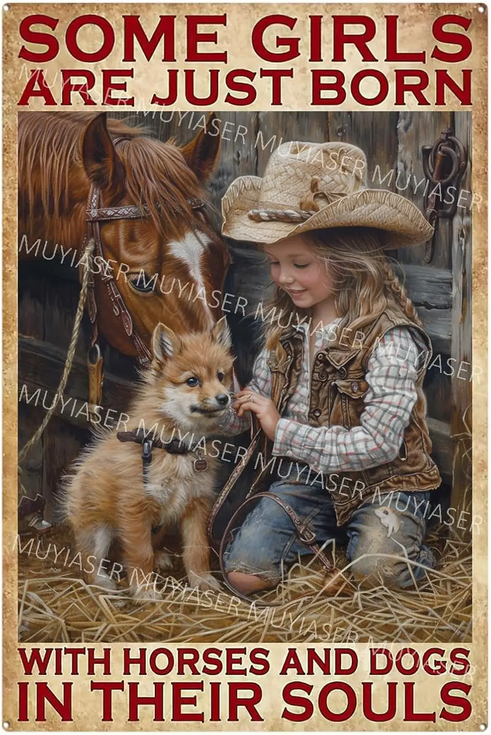 Metal Tin Sign Girls Are Just Born With Horses And Dogs Vintage Signs Retro Aluminum for Room Garden Door Home Ba