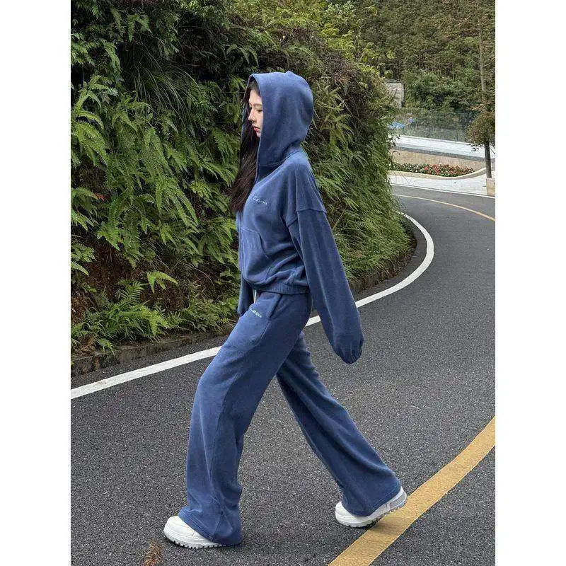 American Retro Blue Hoodie Tracksuit Women Fall Winter Thickened Drawstring Long Pants 2 Piece Casual Chic Office Commut Outfits