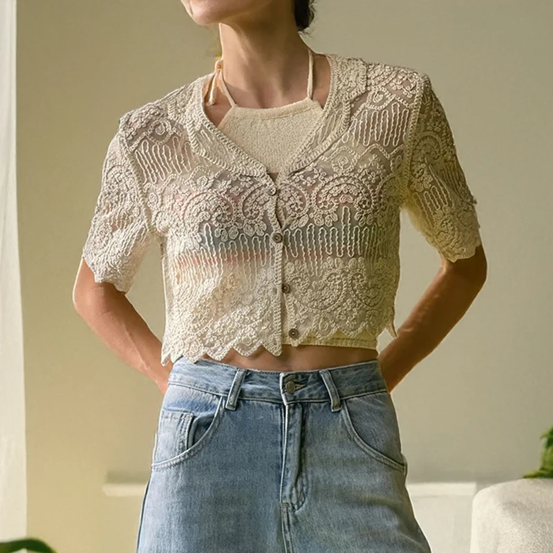 

Short Sleeve Embroidery Lace Blouse Crop Top Sheer Openwork Button-up Cardigan Women Summer Beach Cover Up Boho Vacation Outfit