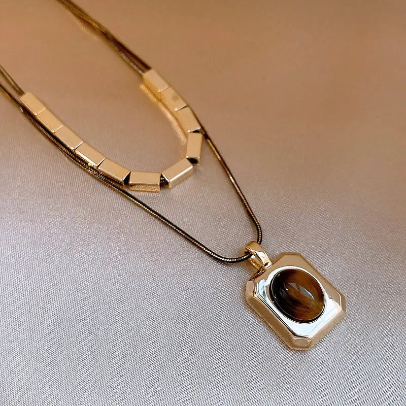 Schwarzgoldfarbene Doppelschichtige Tigerauge-Stein-Anhängerkette für Damen, Herbst-/Winter-Pulloverkette, Schmuckzubehör-Set – Detail 15