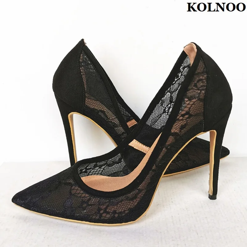 

Kolnoo Handmade Women's High Heels Pumps Air-mesh Pointed-toe Slip-on Summer Shoes Large Size Evening Prom Fashion Black Shoes