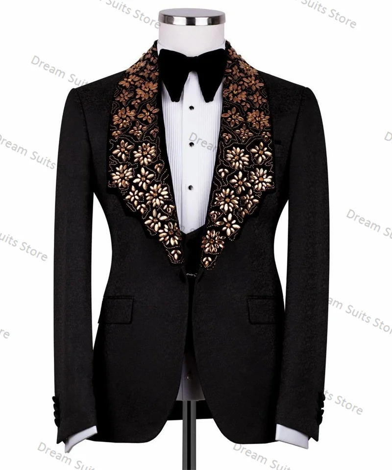 

Golden Crystals Men Suits Set 2 Piece Blazer+Cotton Pants Customized Formal Office Jacket Prom Wedding Tuxedo Male Business Coat