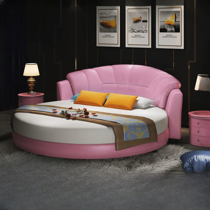 

Round bed double luxury master bedroom round princess wedding modern minimalist hotel couple fun leather big