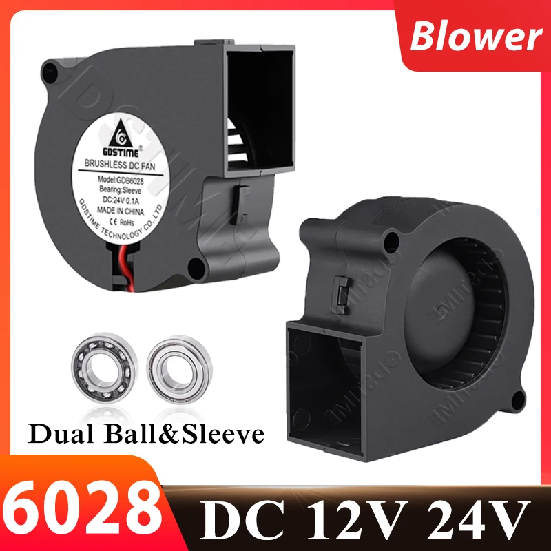 Gdstime 6028 Fan 24V 60mm Blower Fan DC 12V Brushless Cooler 2PIN Dual Ball Centrifugal Blower Fan 60x28mm 6cm Sleeve Radiator