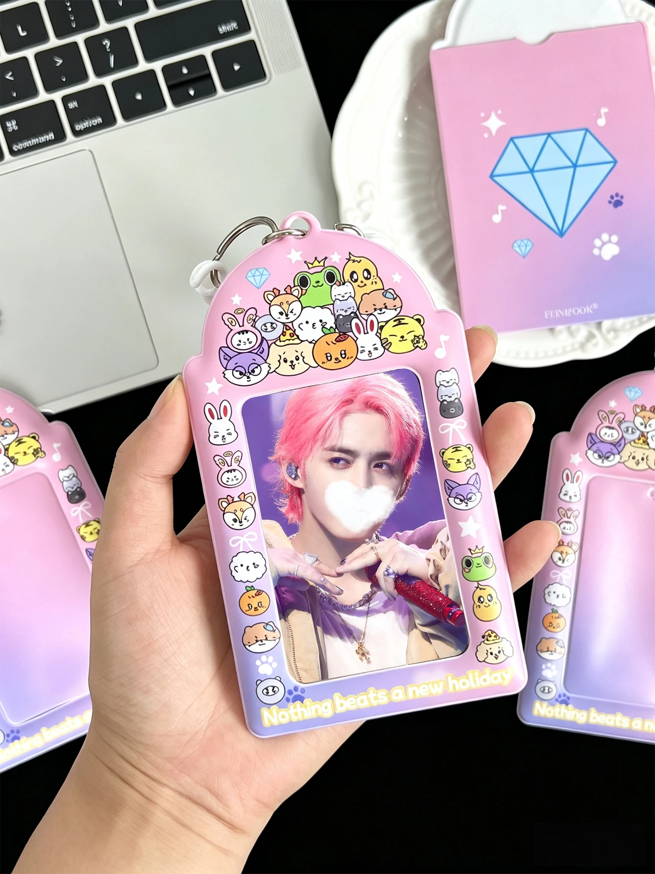 1Pc Cute Animal Collection Card Holder, Pink Animal and Star Element Card Holder, Idol Card Display for Fans, Idol Concert Support, Made of Pu Material, Suitable for 3-3.5inch Polaroid Photo Cards, Korean Entertainment