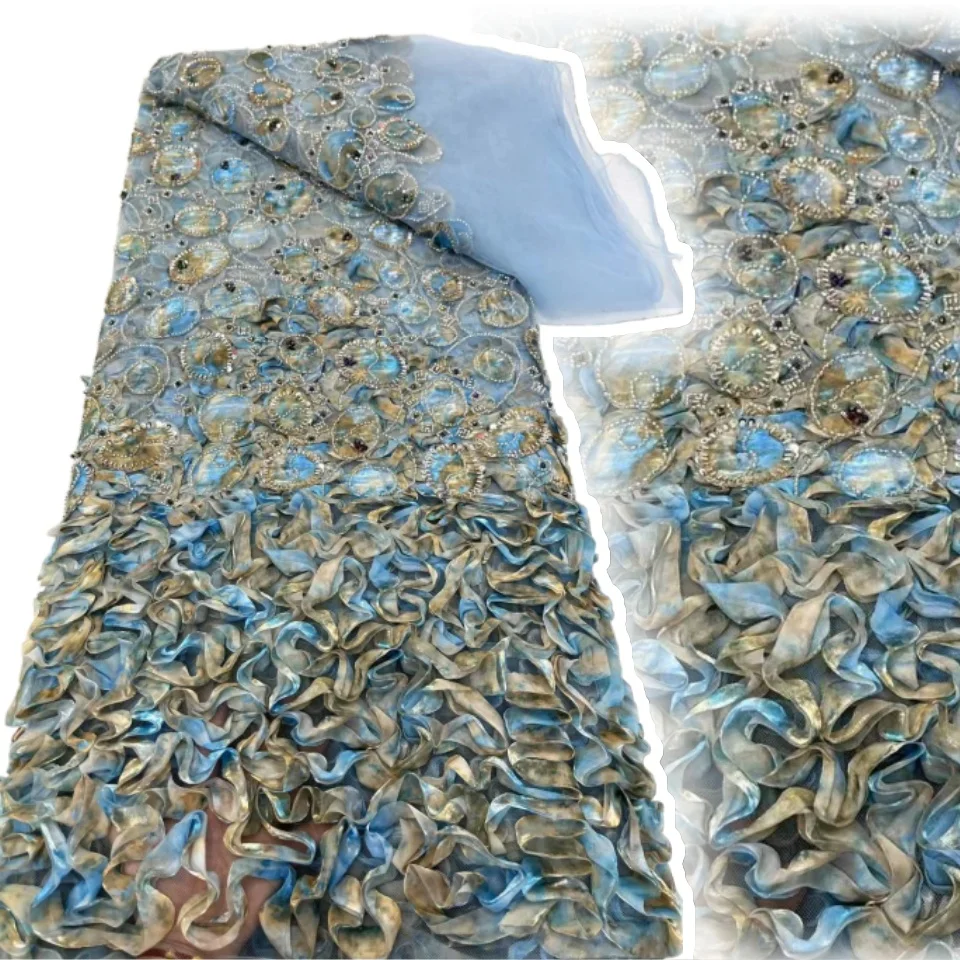 

African Lace Fabric Embroidered Sequined Nigerian Lace Fabrics 3D Flowers High Quality French Tulle Lace Fabric for Dress TP1258