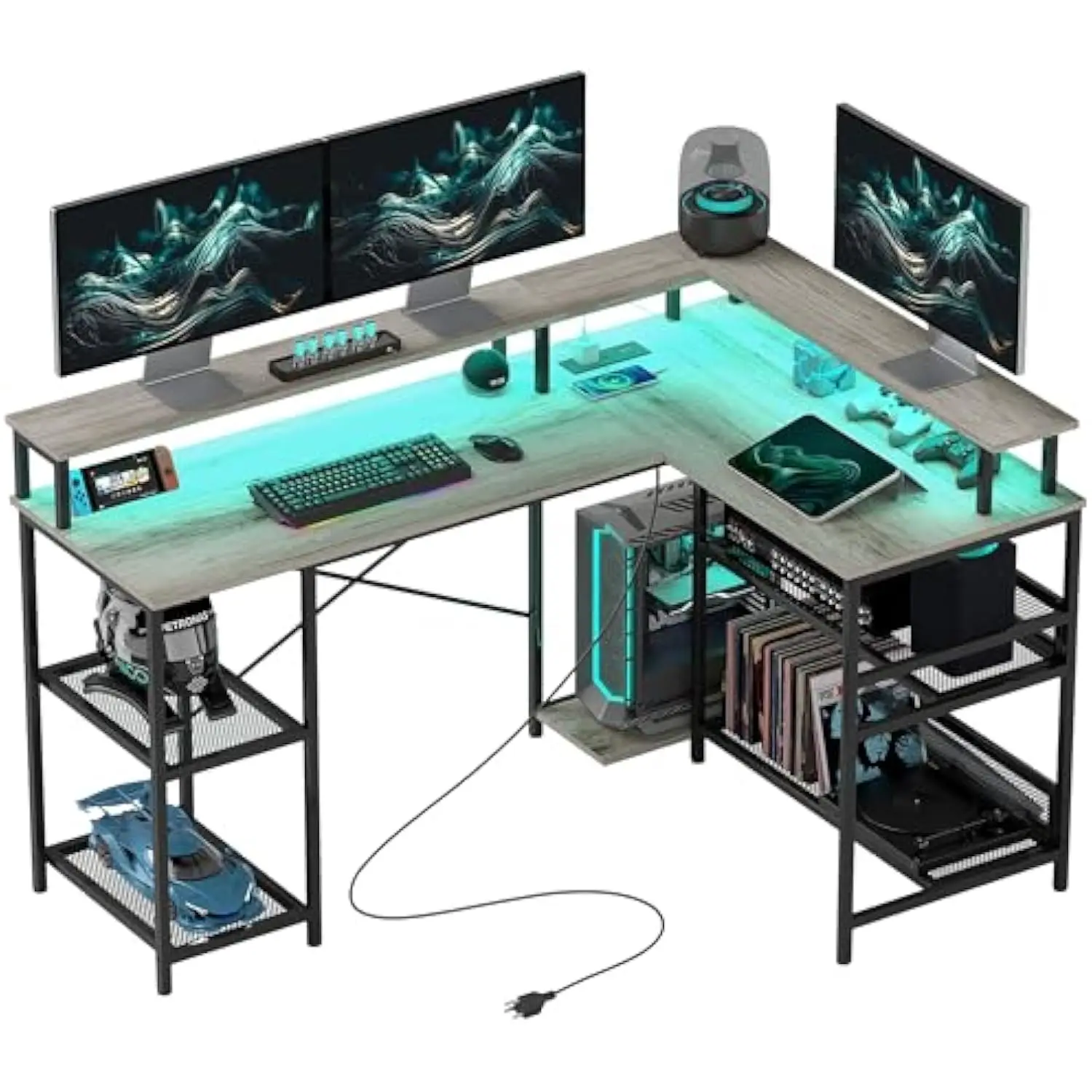 

HOMCOM L Shaped Desk with LED Lights and Power Outlets, 59" Gaming Desk with Monitor Stand and Storage Shelves, Corner Computer