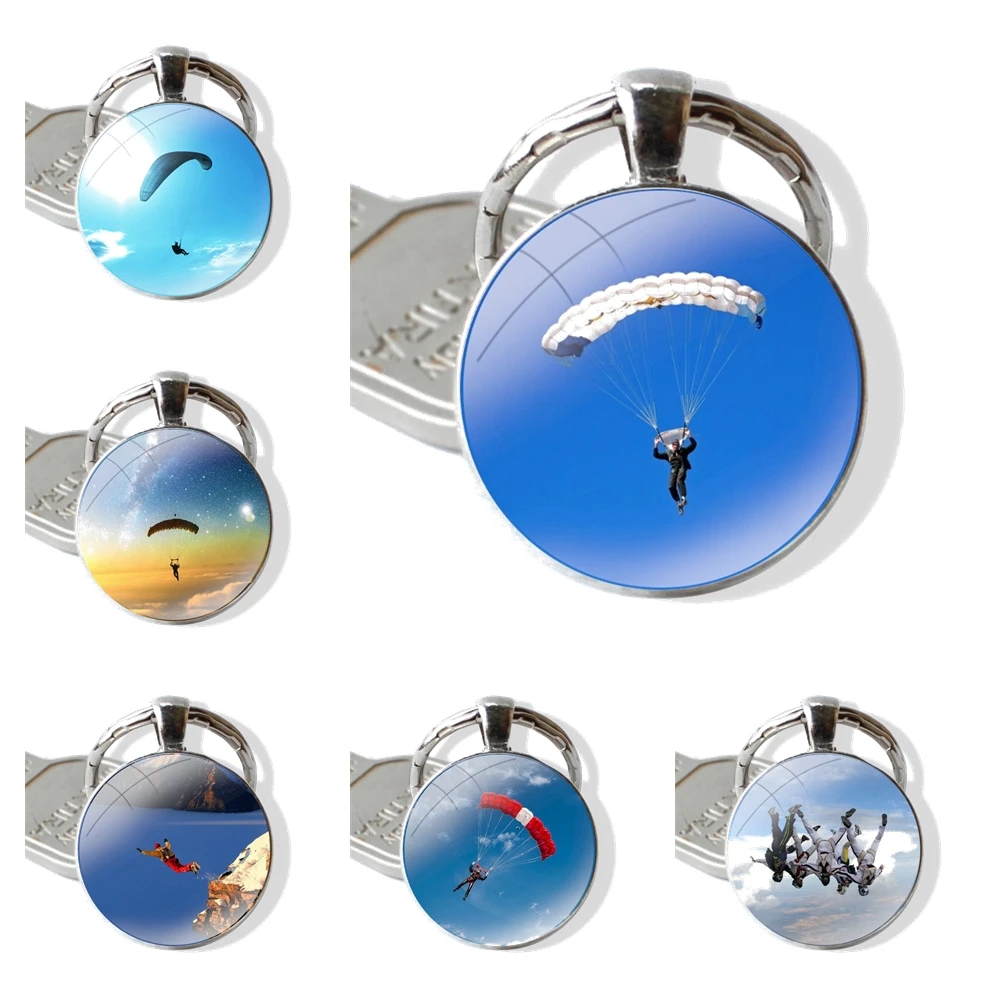 Skydivers Keychain Glass Cabochon Metal Pendant Classic Men's Women's Keyring