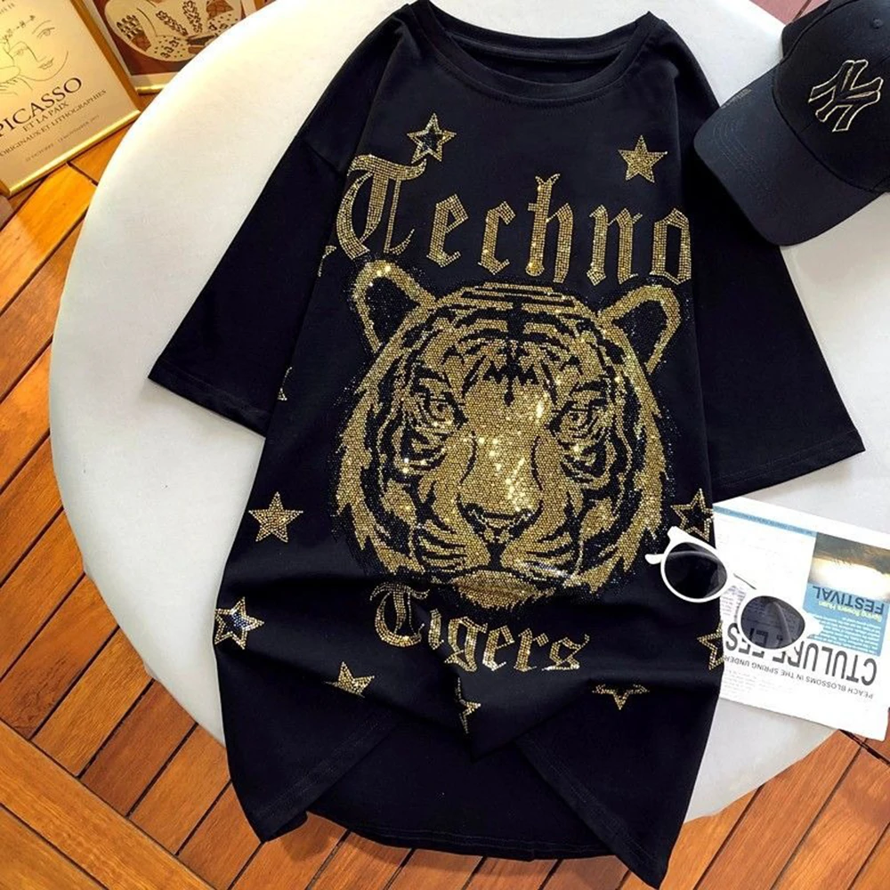 Plus Size Black Tee Summer Spring Batwing Diamonds Animal Short Sleeve Top T-Shirt Loose Casual for Women