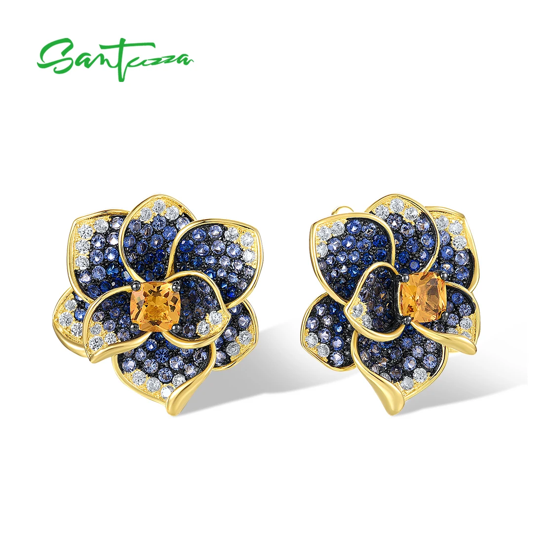 

SANTUZZA Authentic 925 Sterling Silver Earrings For Women Blue Spinel Yellow Crystal Blooming Flower Elegant Party Fine Jewelry