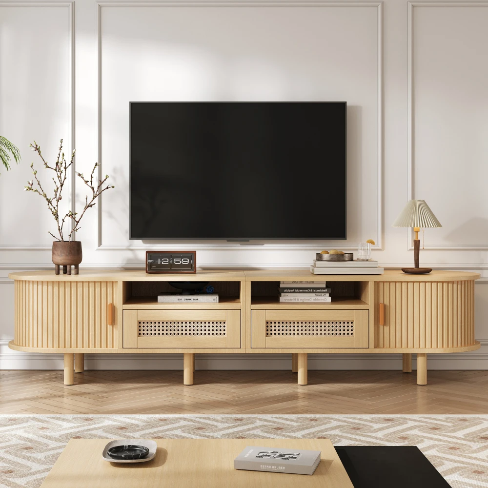PINGGO Ovaler TV-Ständer, 170 x 40 x 40 cm, moderner TV-Schrank mit 2 Rattan-Schubladen, Schiebetüren, Holzfarbe, Medienkonsolentisch