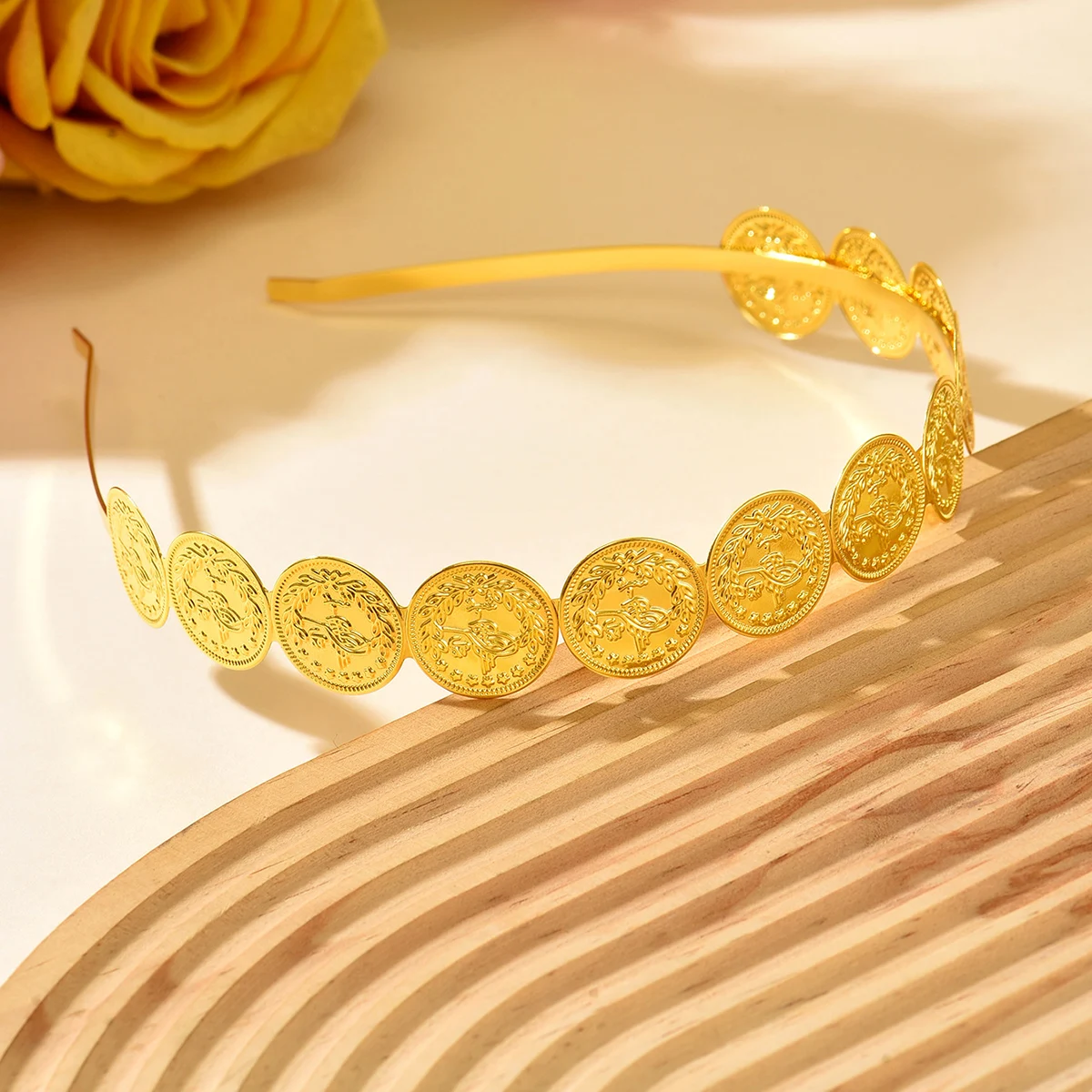 Bohemian Gold Coin Headband Sequined Oval Engraved Coin Hair Band Lightweight Ethnic Hair Accessory for Ladies Party image 3