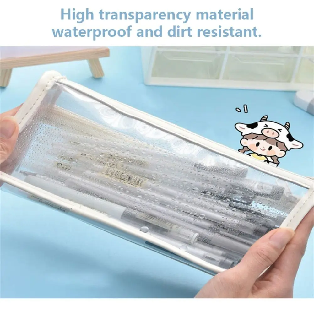Double-Layer Large Capacity Pen Bag Student Transparent Waterproof Stationery Bag Portable Pencil Case Stationery Organizer